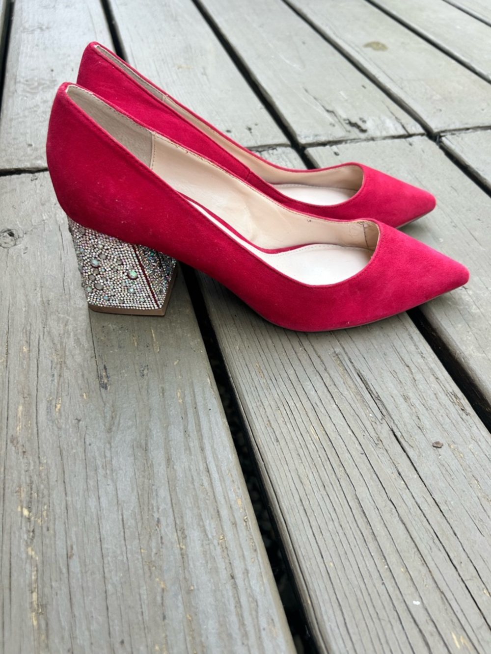 Betsey Johnson Red Suede Pointed-Toe Pumps Embellished Block Heel | Size US 10